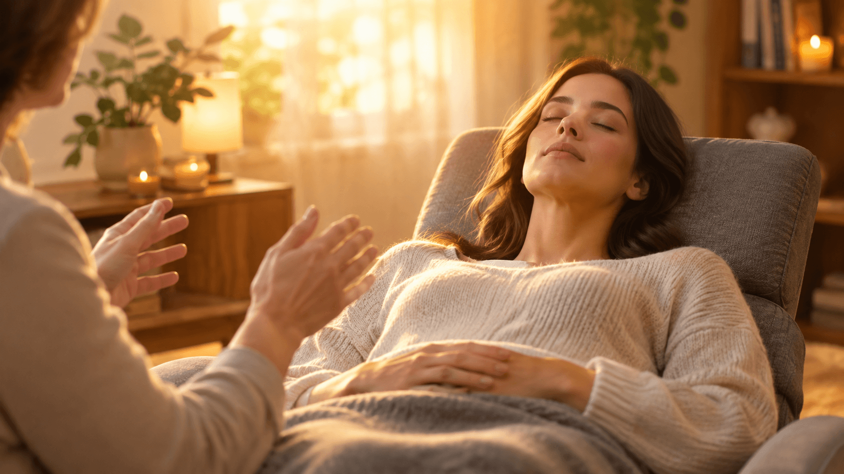 Adulte détendu dans un fauteuil lors d'une séance d'hypnose, mains d'un thérapeute, lumière chaude et apaisante en cabinet