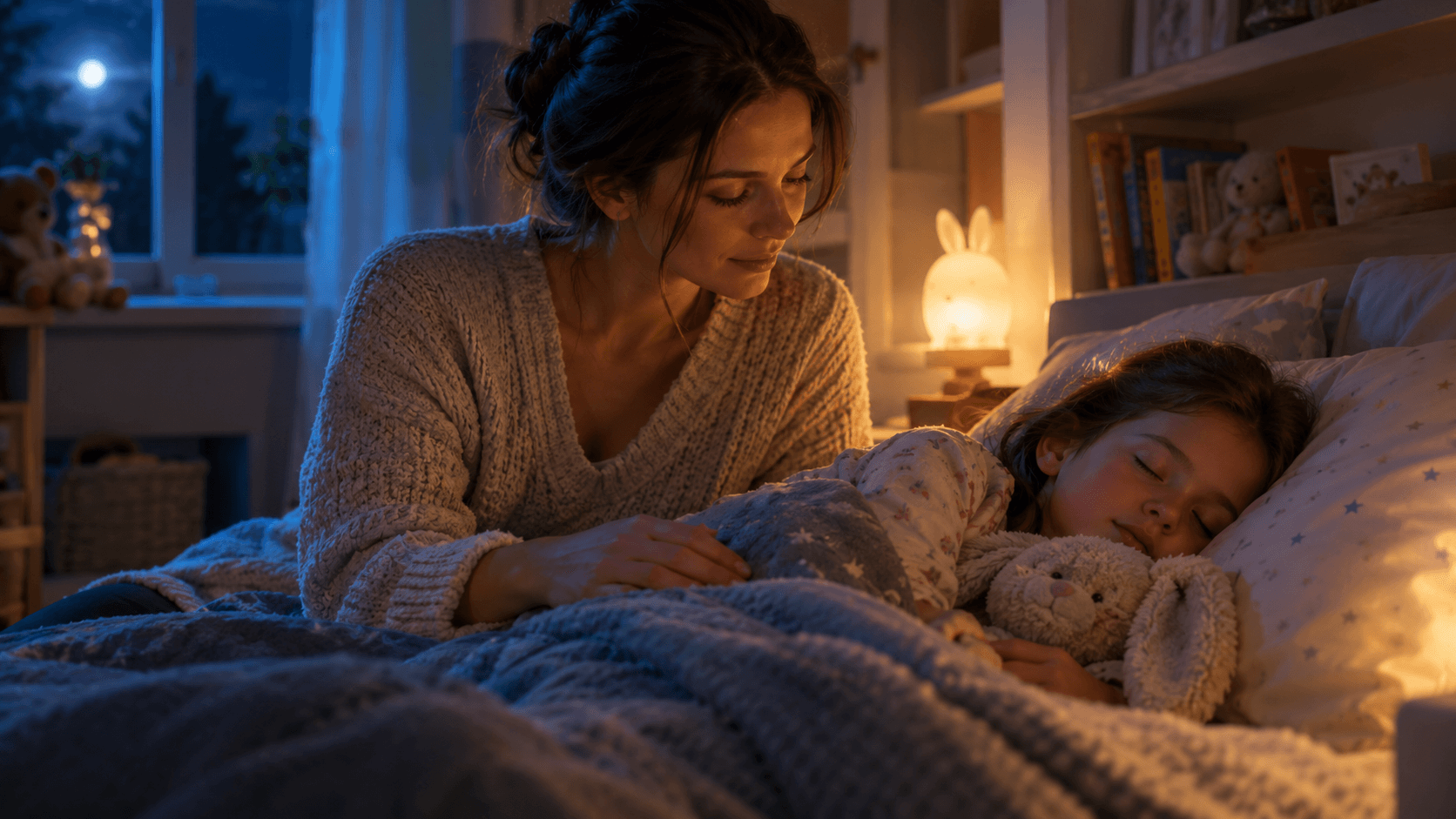 Un parent rassure au chevet d'un jeune enfant endormi dans une chambre paisible éclairée par une veilleuse douce pendant la nuit
