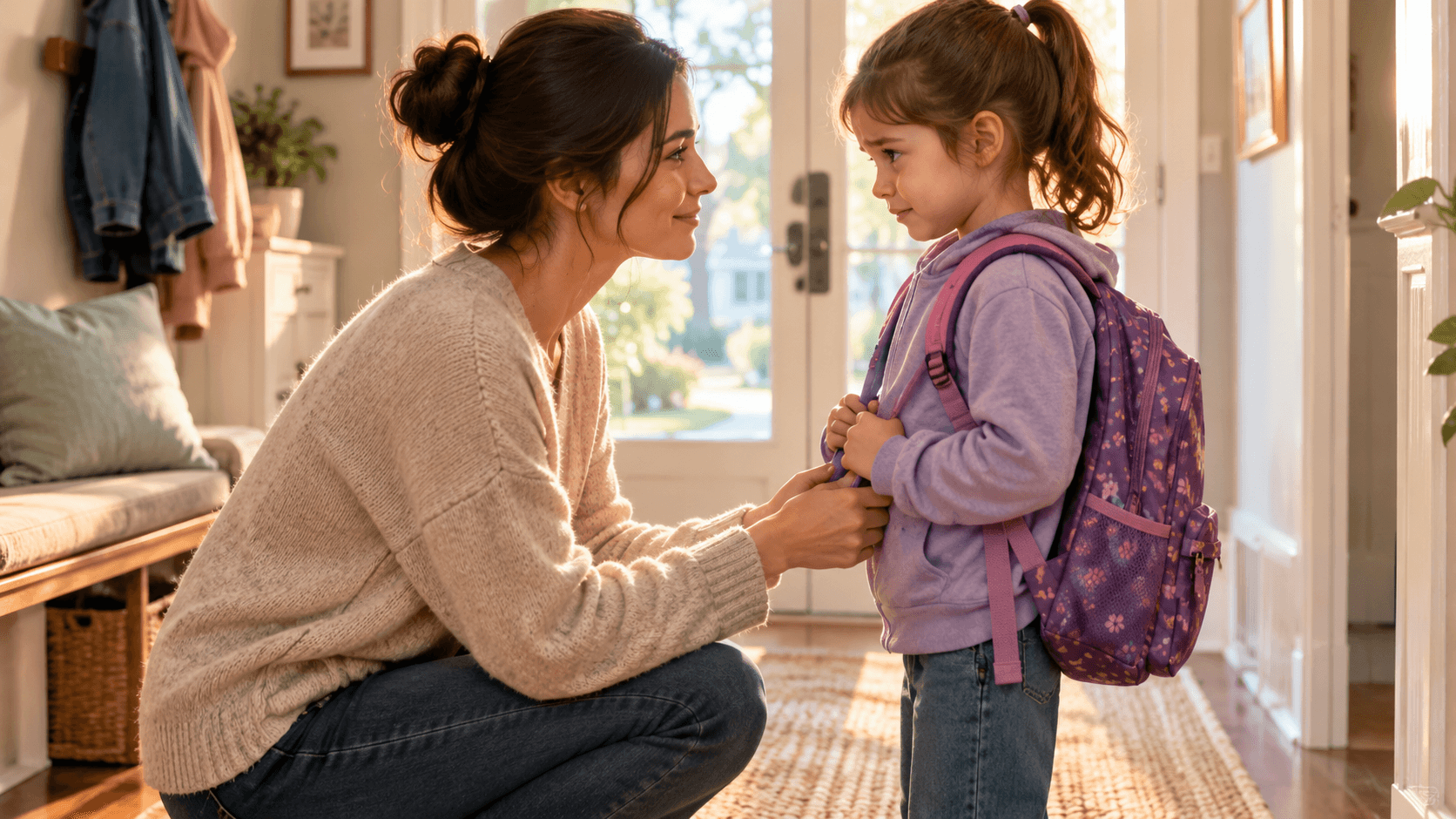Un parent réconforte avec douceur son jeune enfant anxieux avant l'école, dans un couloir lumineux au petit matin.