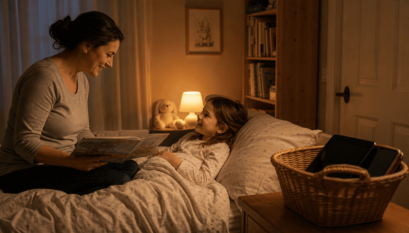 Parent lisant une histoire à un enfant couché sous une lampe chaude, tablette et téléphone éteints rangés dans un panier