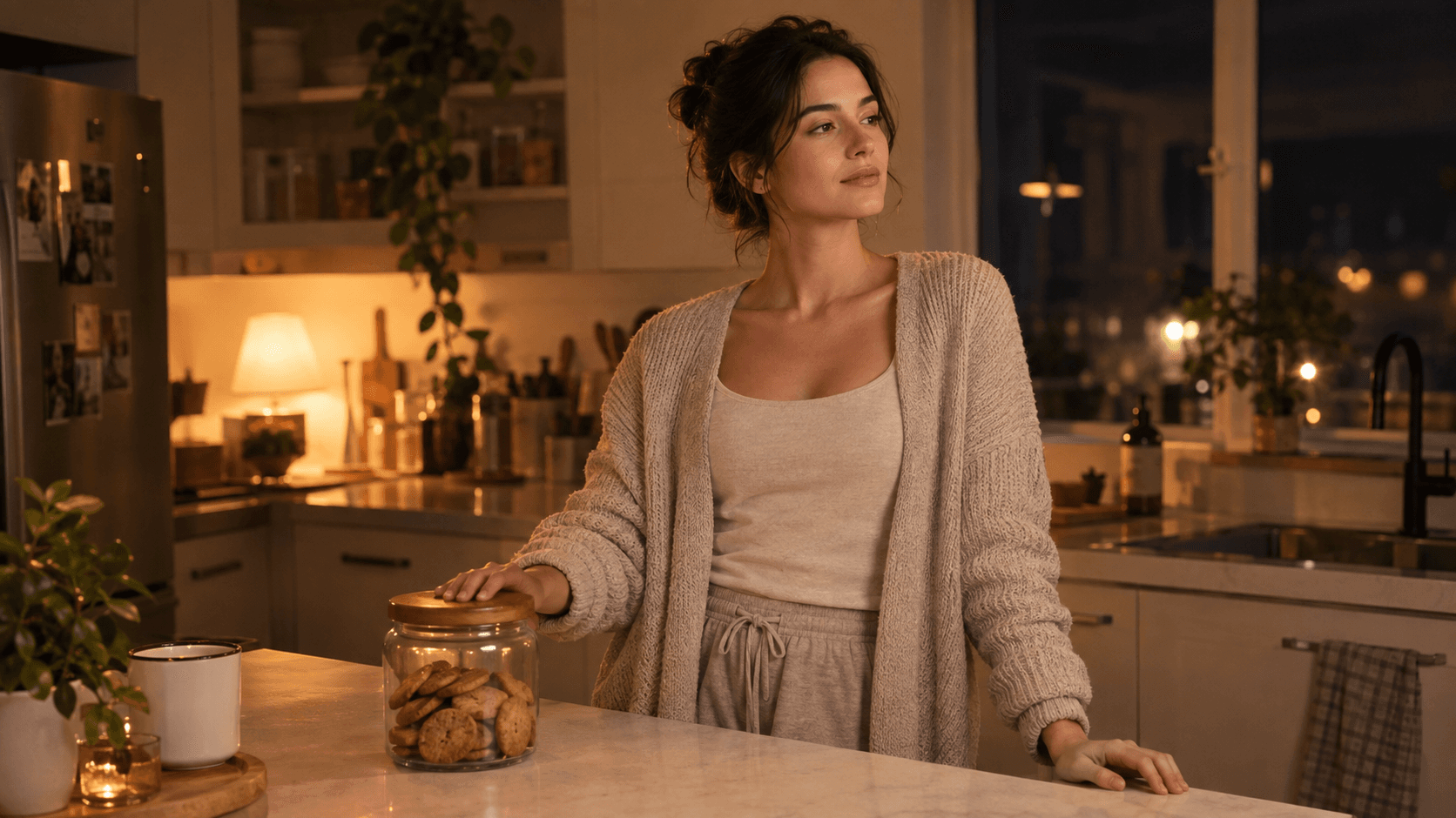 Femme sereine dans sa cuisine le soir, la main sur un bocal de biscuits fermé, faisant une pause face à une envie de sucre