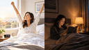 Chambre en double ambiance : une personne se réveille à l'aube près de la fenêtre et lit le soir sous une lampe chaude.