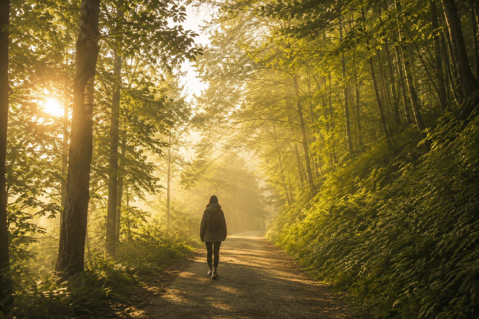 Personne marchant sur un sentier forestier ensoleillé au petit matin, ambiance apaisante évoquant le bien-être mental et le mouvement