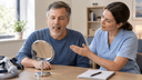 Homme pratiquant un exercice de la langue devant un miroir, guidé par une orthophoniste, masque de PPC posé sur la table