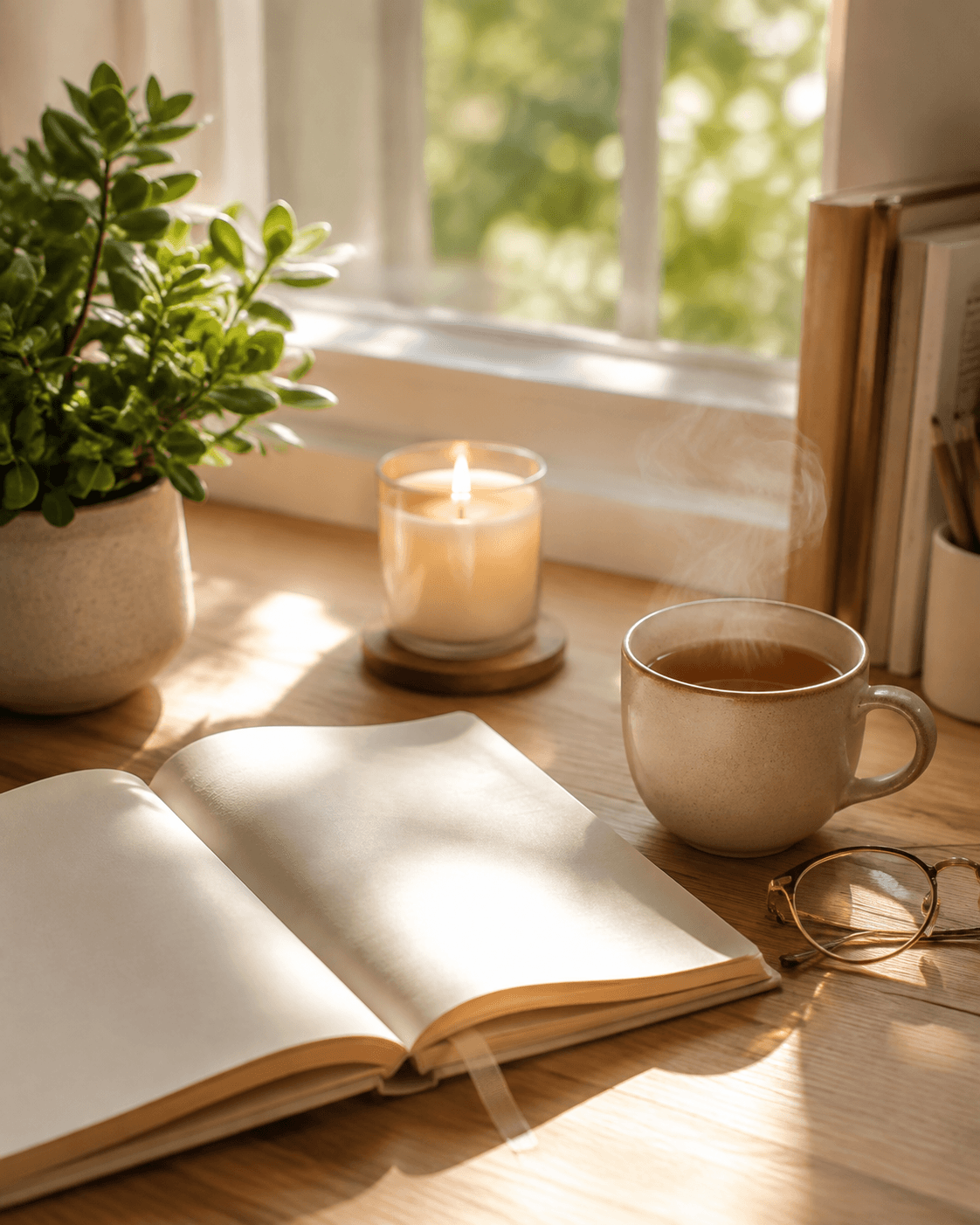 Bureau lumineux et apaisant propice à la concentration, avec carnet ouvert et tasse de tisane