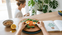 Mains disposant lentilles, épinards et oeufs sur une planche, livre de cuisine ouvert et bol de noix