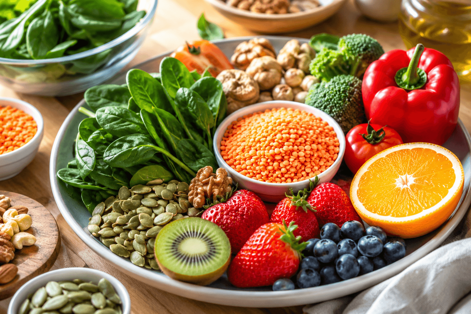 Assiette colorée d'aliments riches en fer et en vitamines, légumes verts, lentilles, fruits et graines, dans la lumière douce du matin