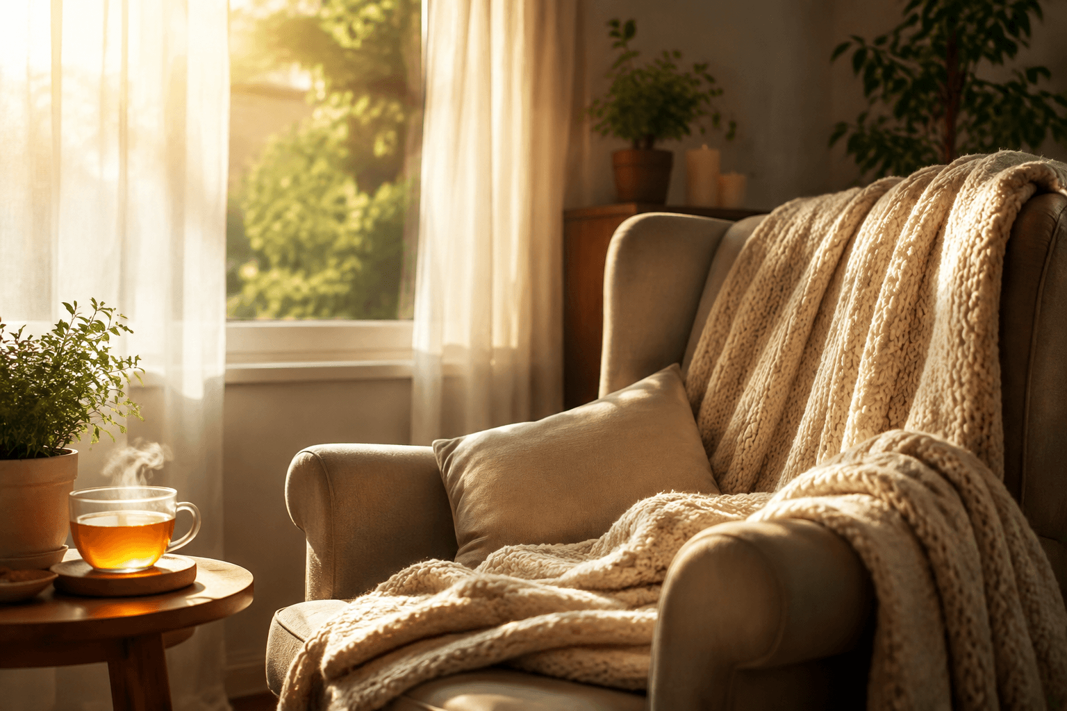 Intérieur chaleureux et calme avec fauteuil, plaid et lumière douce évoquant le repos et la gestion de l'énergie