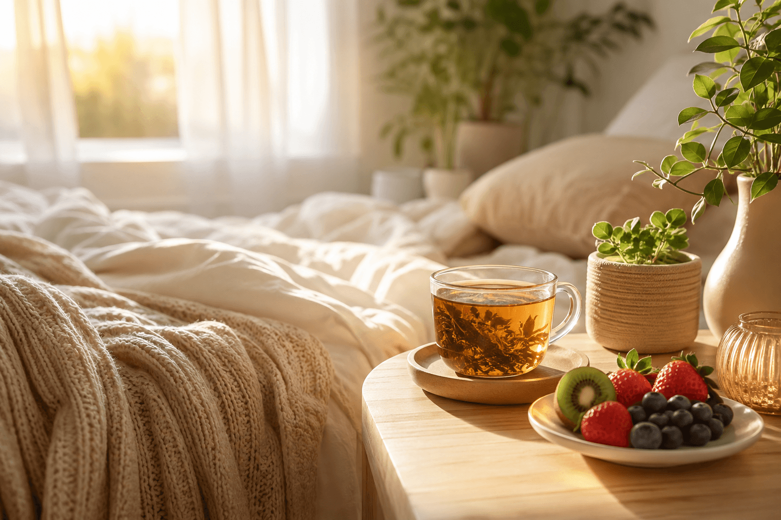 Chambre lumineuse au petit matin avec tisane et fruits sur une table de chevet, évoquant repos et vitalité douce