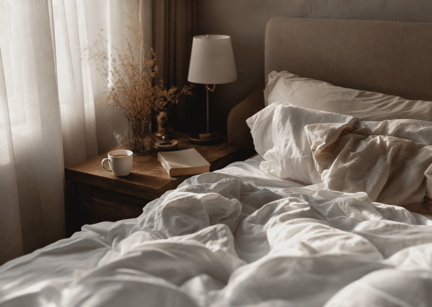 Chambre au petit matin, lit défait et tasse de café sur la table de nuit, lumière douce filtrant par la fenêtre, ambiance de réveil difficile mais apaisé