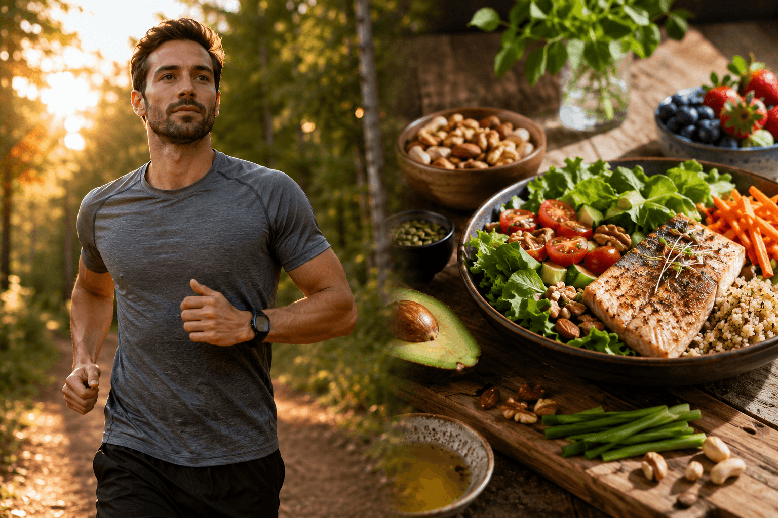 Homme actif en pleine nature et alimentation équilibrée illustrant le bien-être masculin et le soutien de la fertilité