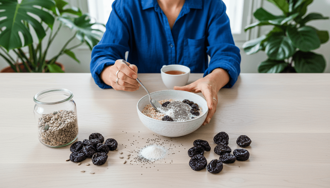 Vue plongeante sur des mains mélangeant graines et psyllium dans un bol de flocons d'avoine