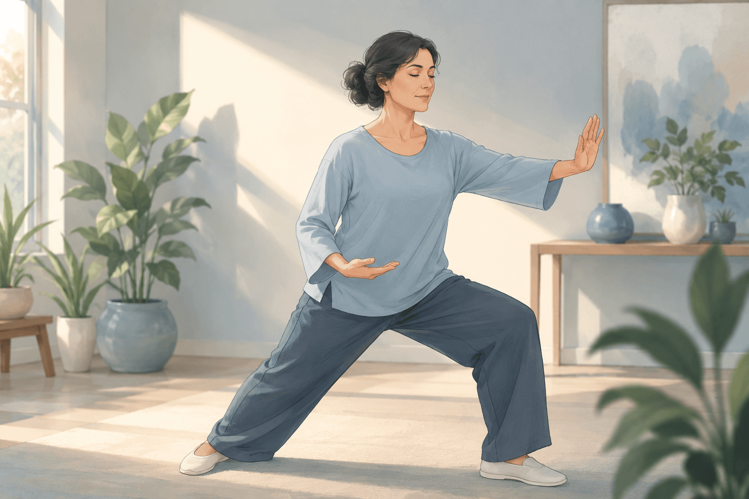 Femme pratiquant des mouvements doux pour soulager les douleurs diffuses de la fibromyalgie
