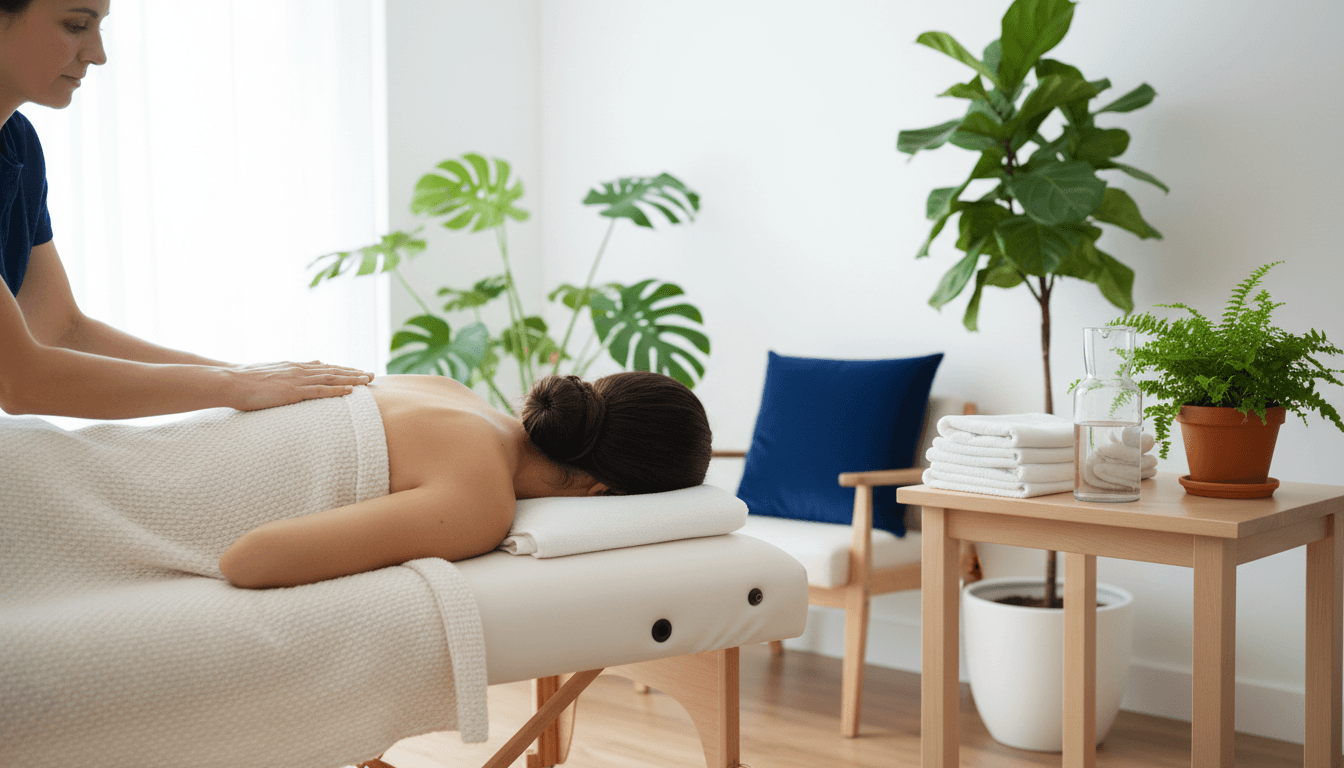 Femme allongée sur le côté vue de dos, main d'une praticienne sur son dos, serviette et carafe