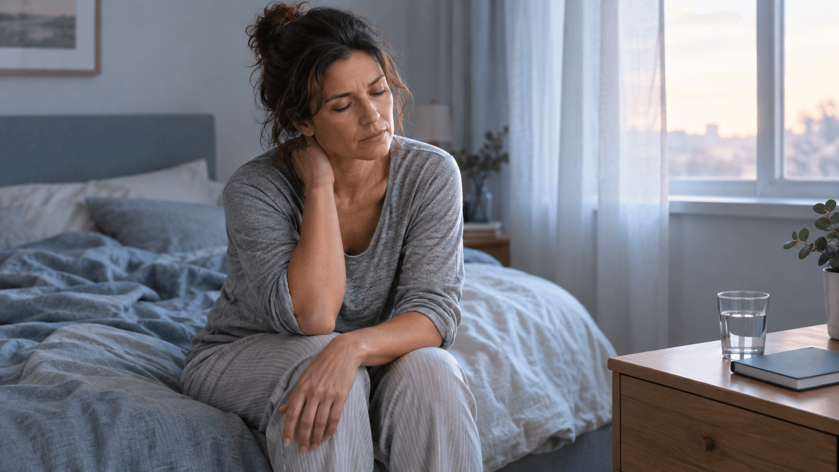 Femme fatiguée assise au bord de son lit au petit matin, main sur la nuque, après une nuit de sommeil non réparateur