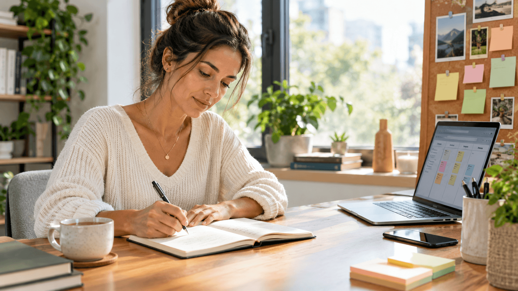 Femme concentrée écrivant ses objectifs dans un carnet à son bureau lumineux, illustrant la fixation d'objectifs