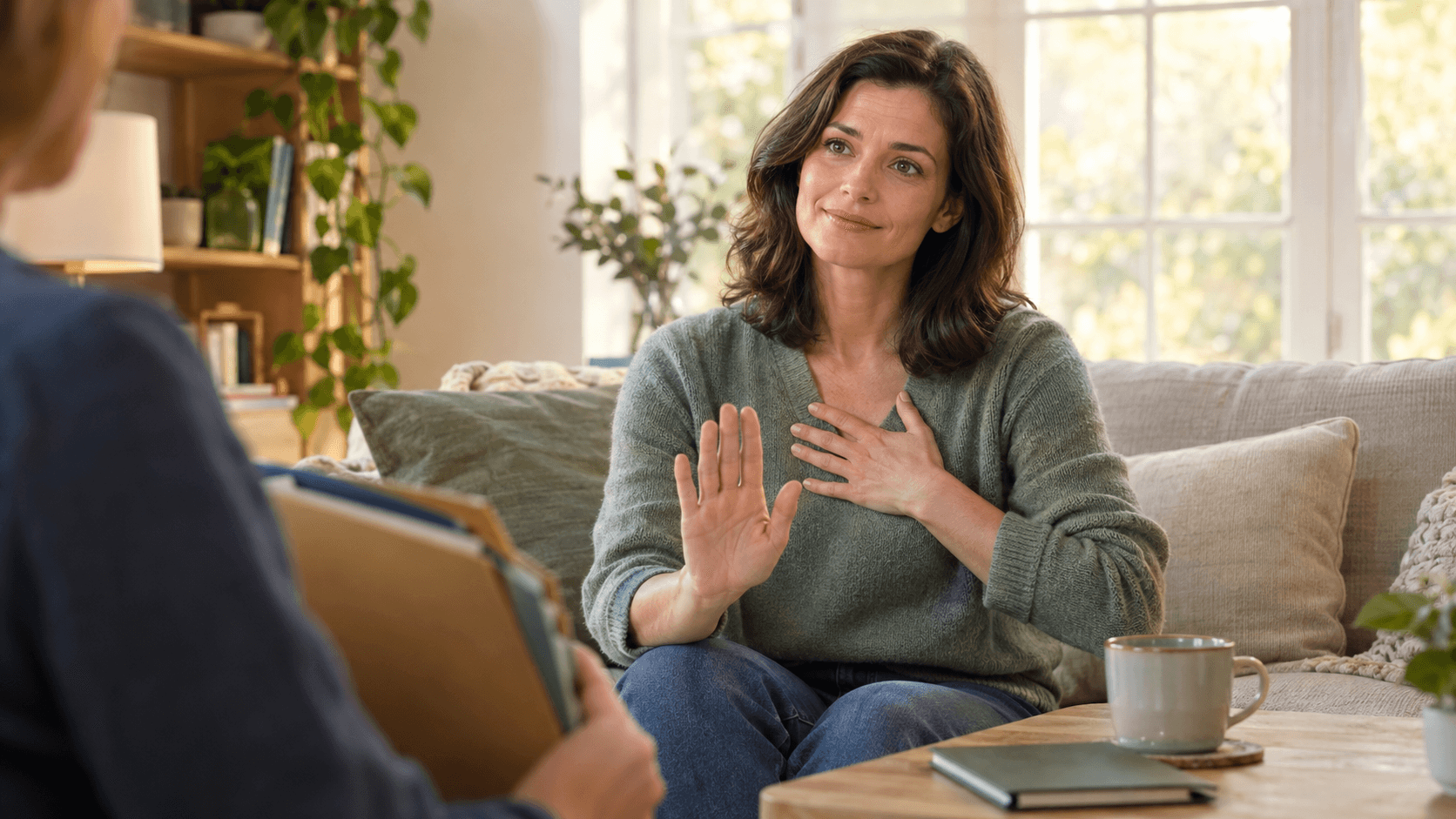 Femme assise sur un canapé, main levée paume ouverte avec calme face à une personne tenant des dossiers, salon lumineux