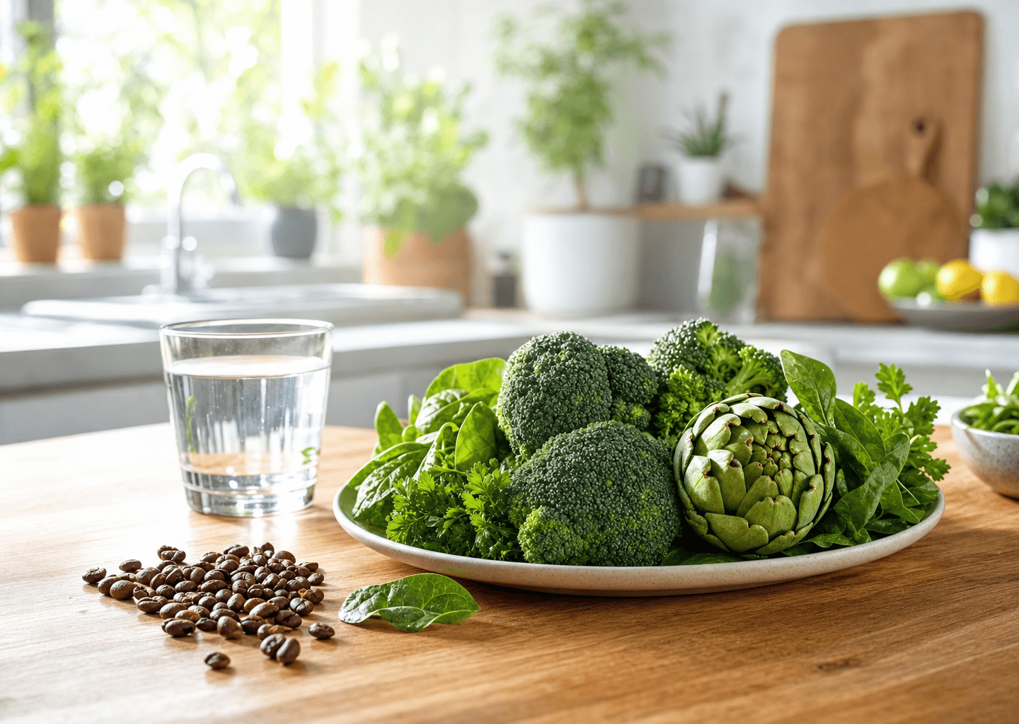 Assiette de légumes verts, verre d'eau et grains de café dans une cuisine lumineuse, symbolisant une hygiène de vie favorable au foie