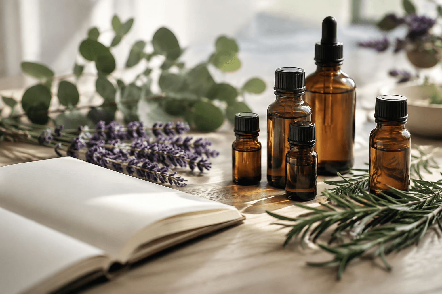 Bouteilles d'huiles essentielles ambrées et plantes aromatiques sur une table, évoquant une formation en aromathérapie