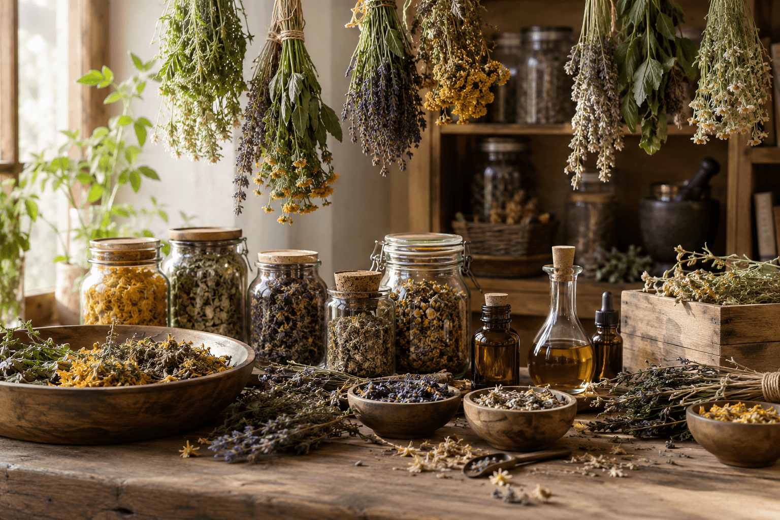 Plantes médicinales séchées, bouquets d'herbes aromatiques et bocaux en verre sur une table en bois, évoquant l'herboristerie et la phytothérapie
