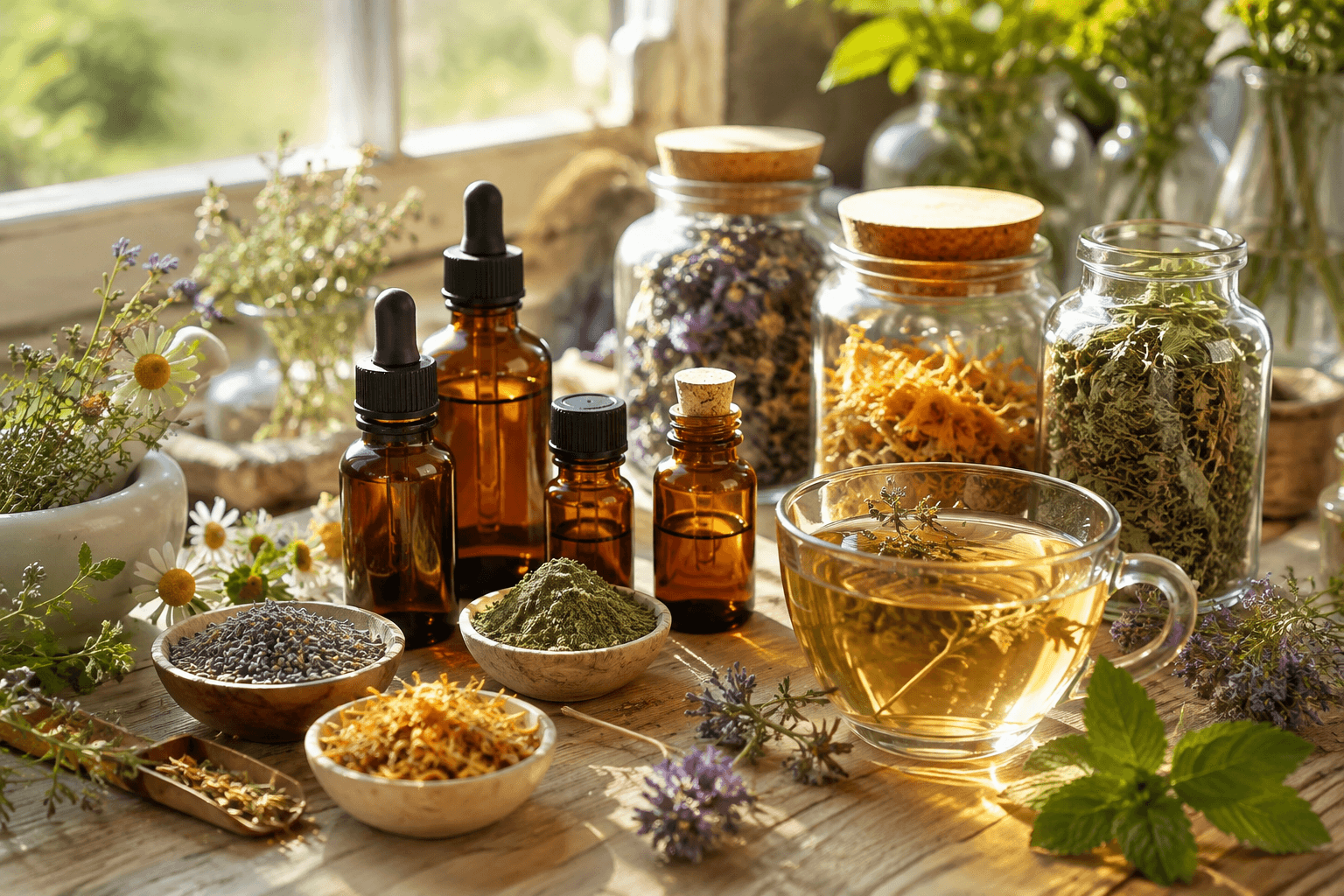 Préparations de phytothérapie sur une table en bois : flacons de teinture, poudres de plantes, tisane et herbes séchées