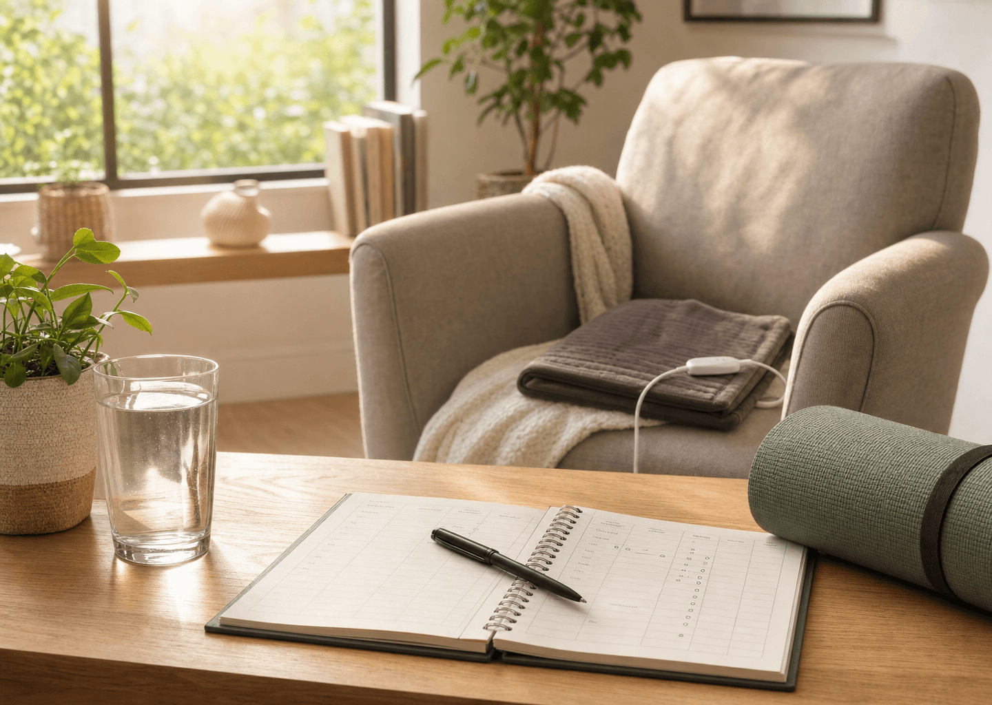 Salon lumineux avec un journal de suivi de la douleur, une bouillotte, un tapis de yoga et un verre d'eau, illustrant les outils d'autogestion de la douleur au quotidien.