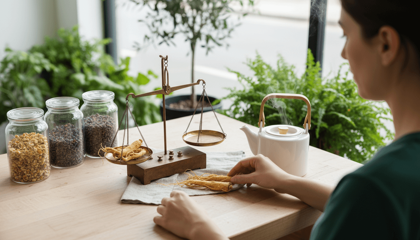 Mains pesant des racines de ginseng séchées sur une petite balance en laiton, vue de dessus