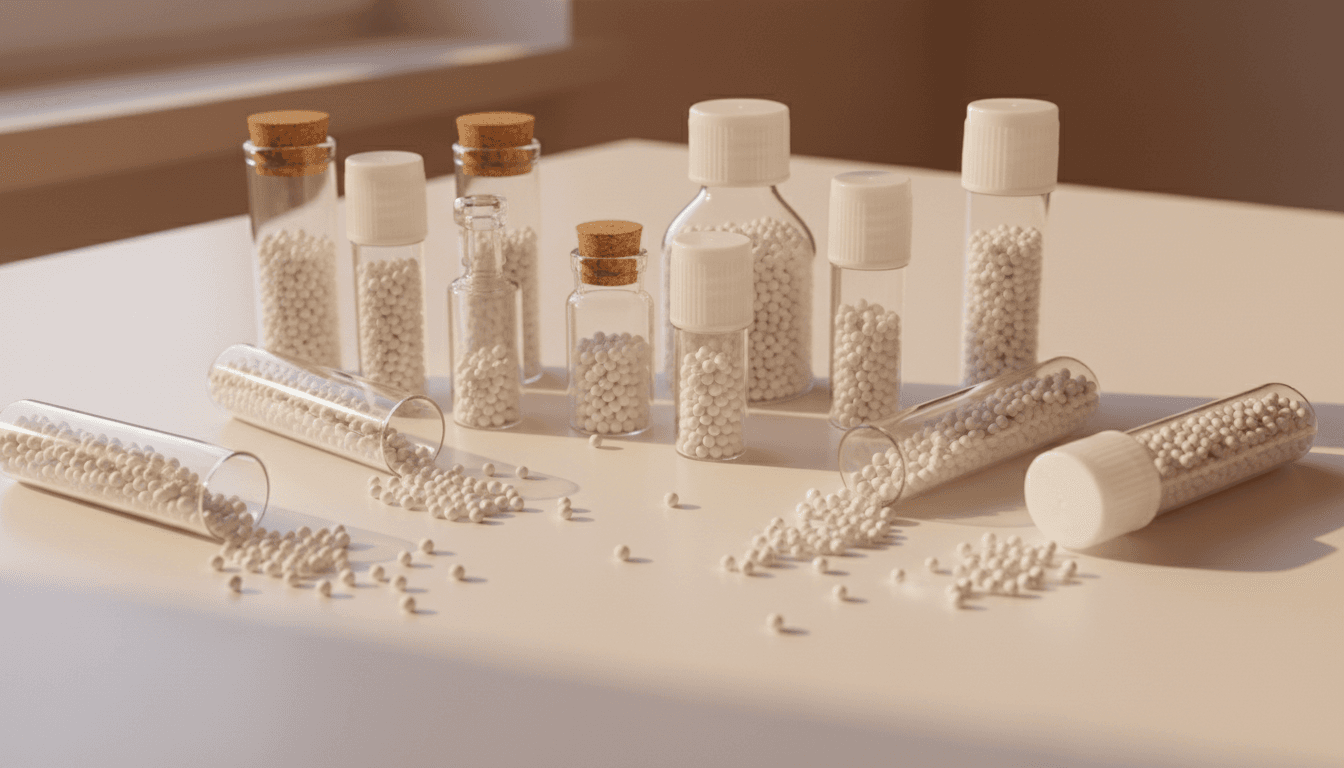 Tubes de granules homéopathiques et petits globules blancs disposés sur une surface neutre, lumière douce
