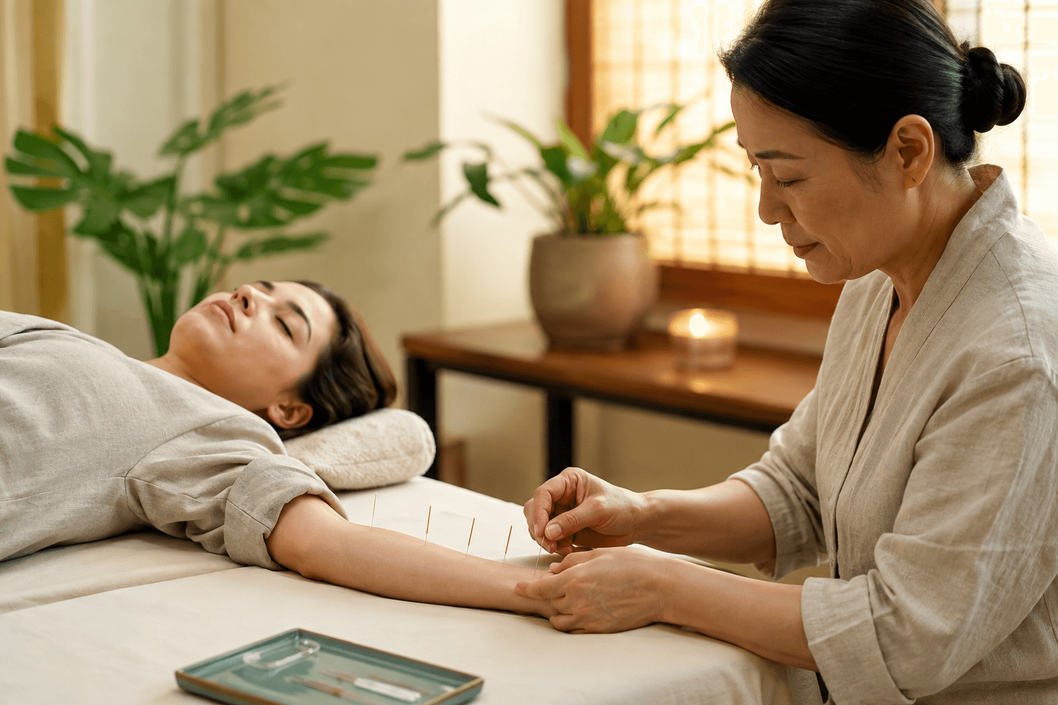 Séance d'acupuncture sereine : pose d'aiguilles fines par un praticien qualifié dans un cabinet apaisant