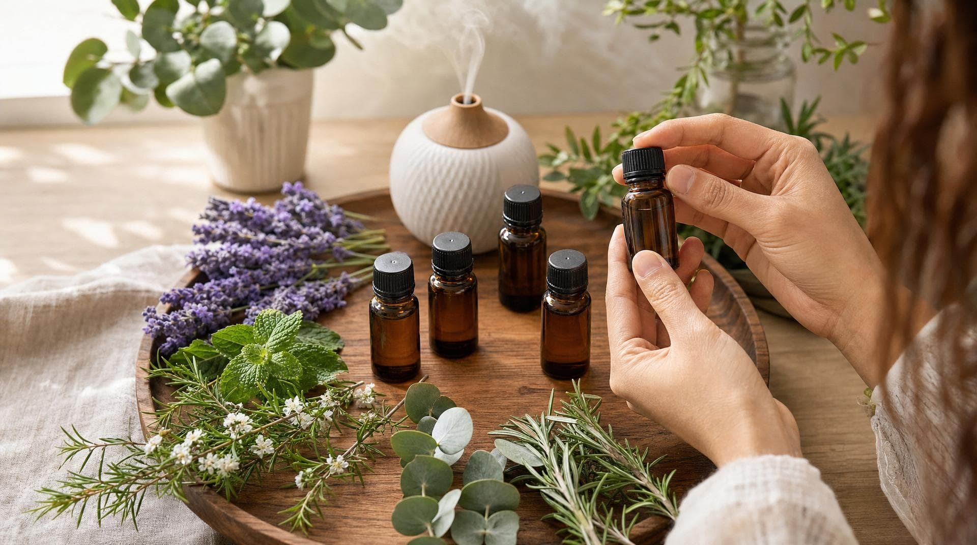 Cinq flacons d'huiles essentielles entourés de plantes aromatiques fraîches sur un plateau en bois avec diffuseur