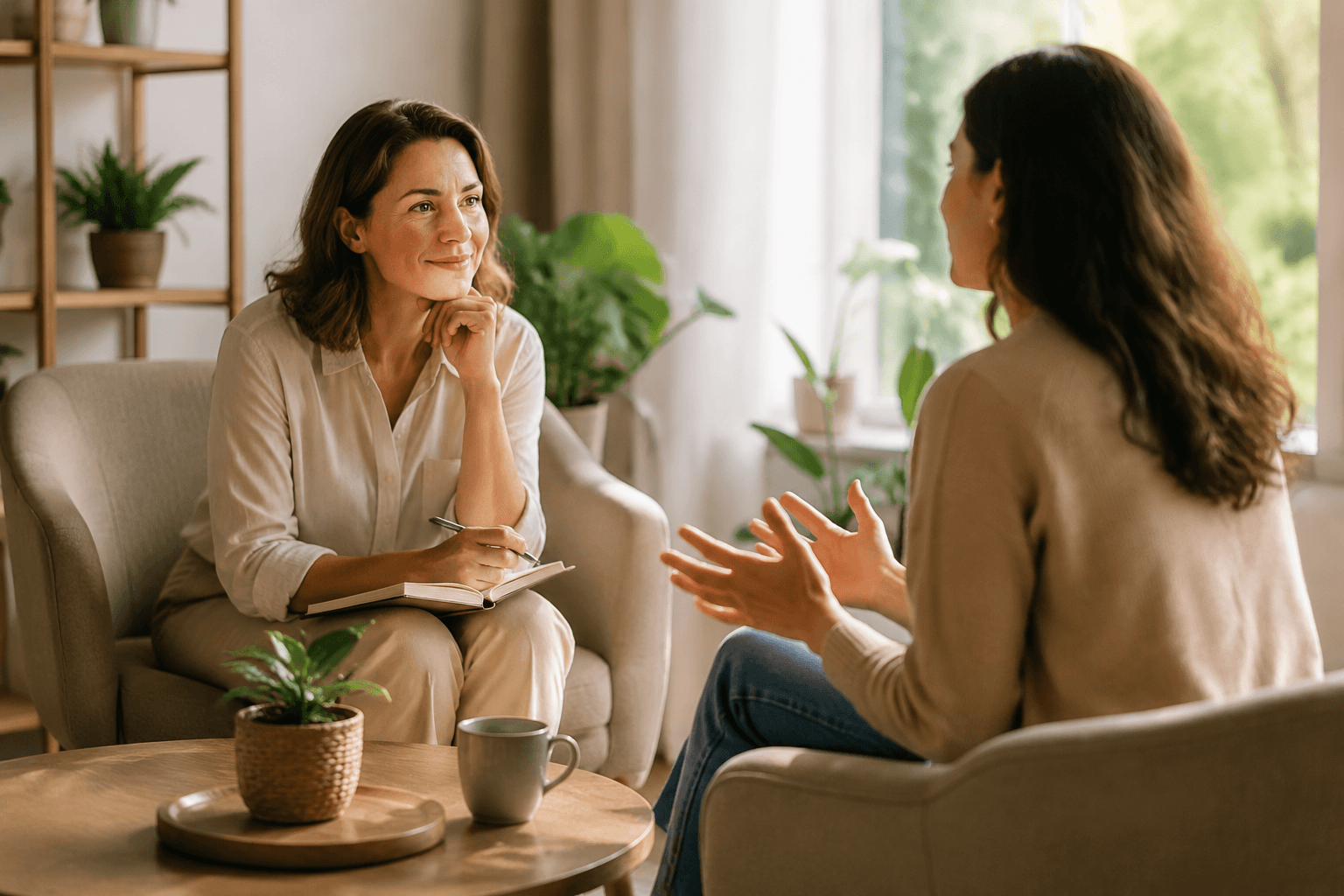 Séance de coaching bien-être dans un cabinet lumineux, ambiance calme et bienveillante