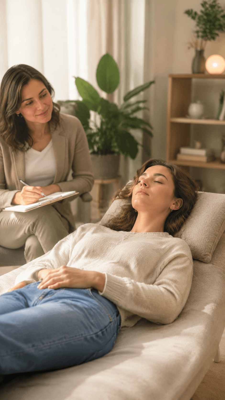 Personne allongée et détendue lors d'une séance d'hypnose thérapeutique dans un cabinet apaisant