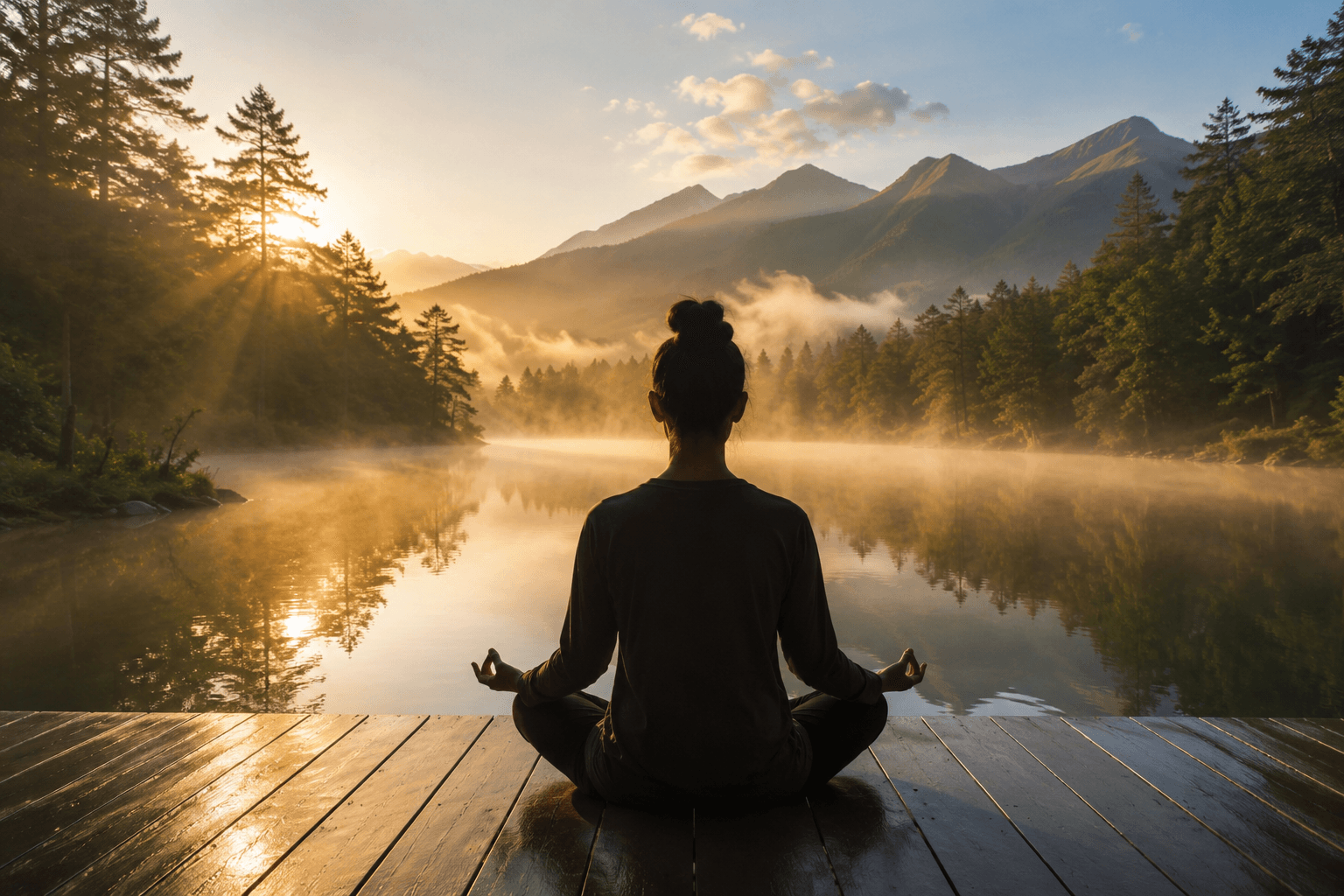 Personne assise en méditation sereine au bord d'un lac de montagne au lever du soleil