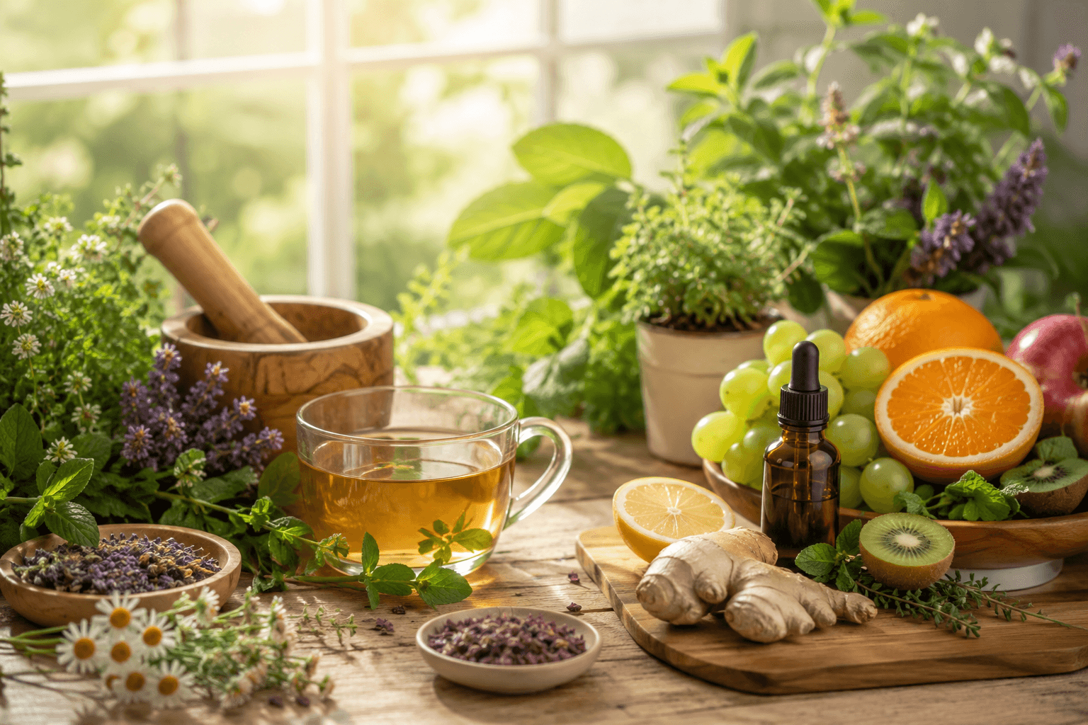 Plantes médicinales, tisane et aliments naturels sur une table en bois près d'une fenêtre lumineuse, évoquant la naturopathie et l'hygiène de vie