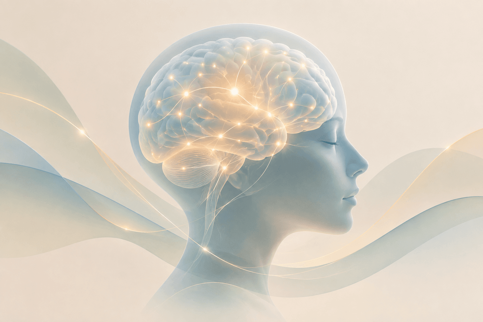 Illustration éditoriale sobre d'un cerveau humain évoquant le calme et le bien-être