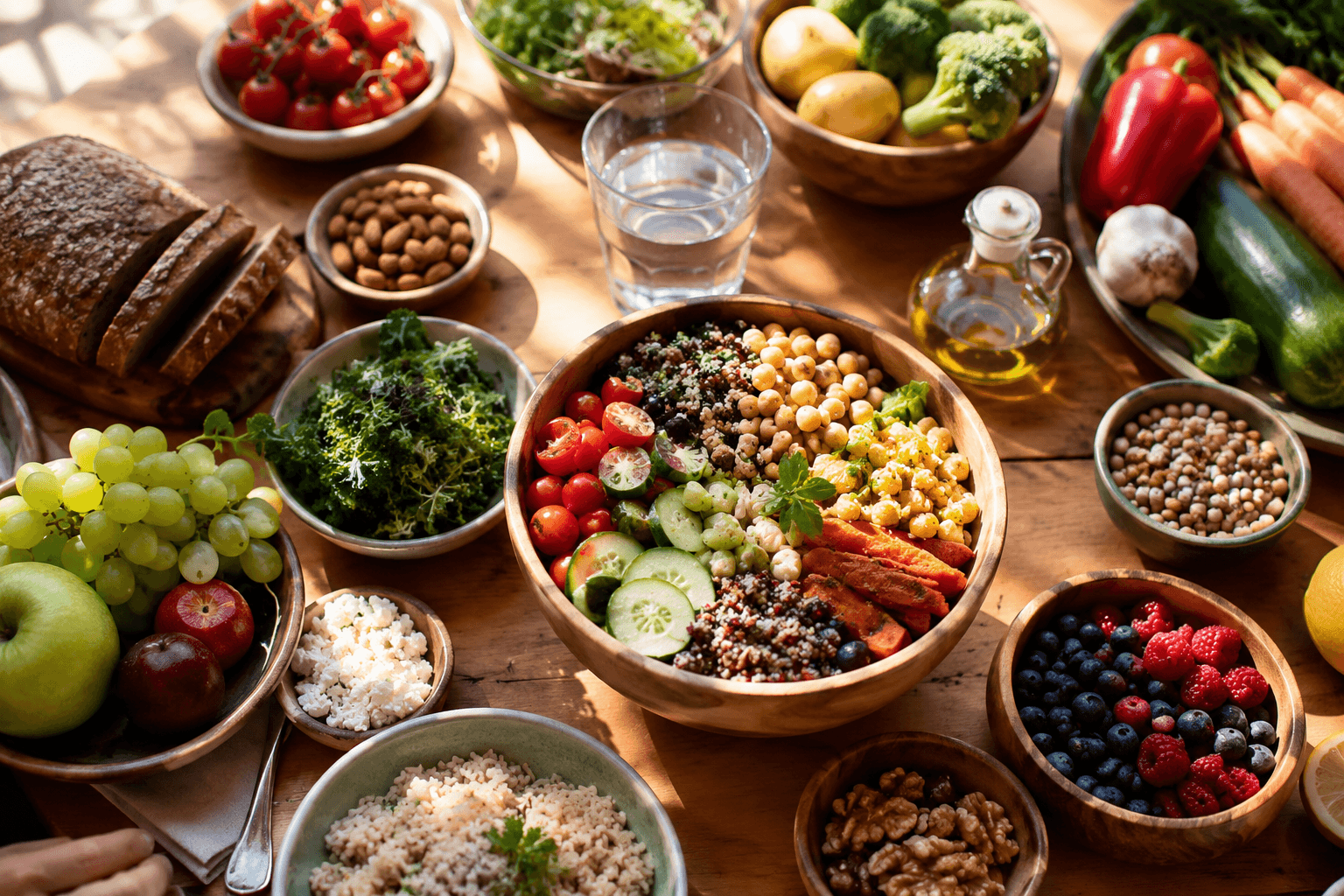 Table en bois colorée garnie d'aliments frais et sains : légumes, fruits, céréales complètes, légumineuses, noix et huile d'olive
