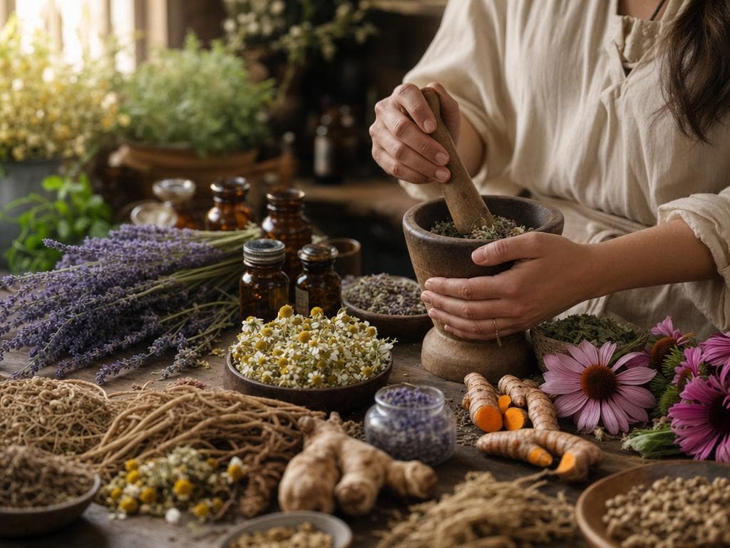 Préparation de plantes médicinales sur une table d'herboristerie avec mortier, flacons et herbes séchées