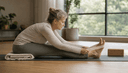 Femme d’une cinquantaine d’années en flexion avant assise sur une couverture avec une sangle, dans un studio de yoga lumineux