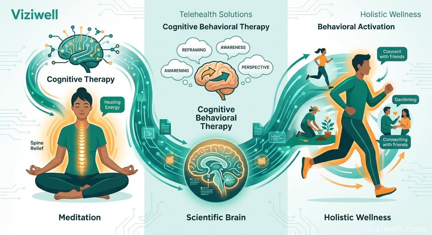 Illustration combinant méditation, thérapie cognitive et activation comportementale reliées par des flux numériques de télésanté