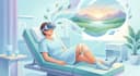 Patient en casque de réalité virtuelle allongé de profil, main d'une infirmière ajustant la sangle