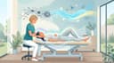 Une femme assise en fauteuil, vue de profil, une main du praticien entre ses omoplates