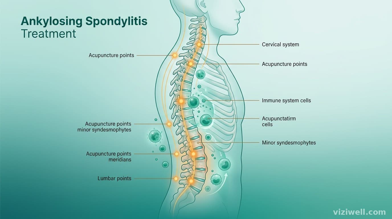 Colonne vertébrale avec points d'acupuncture et cellules immunitaires pour le traitement de la spondylarthrite ankylosante