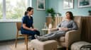 Une sophrologue de dos guide un patient assis dans son lit lors d'un exercice respiratoire
