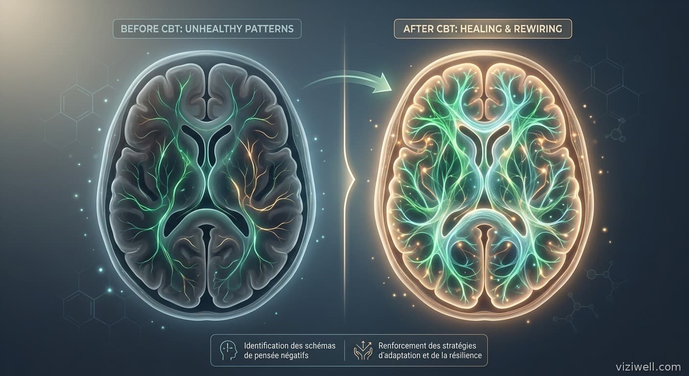 Scan cérébral lumineux montrant la transformation neuronale par la thérapie cognitivo-comportementale