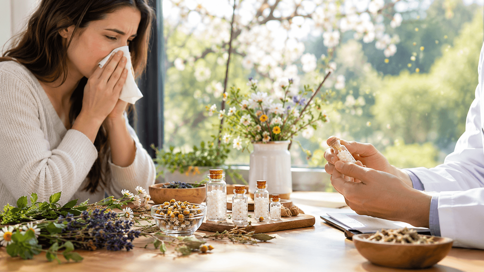 Fioles de granules homéopathiques et plantes séchées sur une table en bois près d'une fenêtre, ambiance printanière