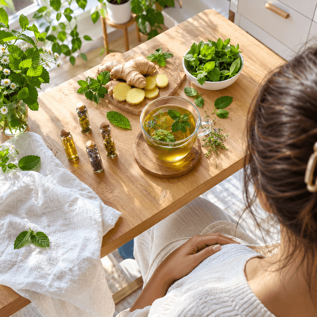 Table en bois avec tubes de granules homéopathiques, tisane, gingembre et menthe fraîche, en lumière naturelle
