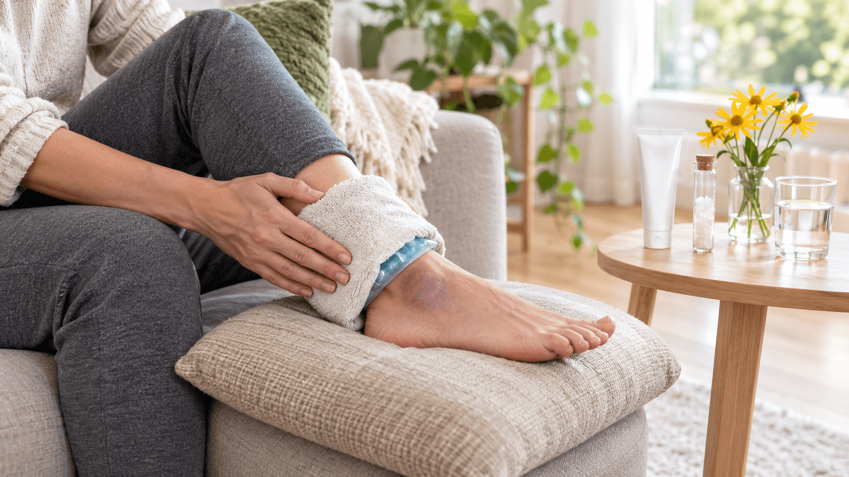 Personne assise sur un canapé, poche de froid sur la cheville, gel et granules d'arnica sur une table en bois
