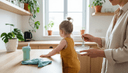 Les mains d'un parent diluent des granules dans une cuillère, un tout-petit de dos à côté