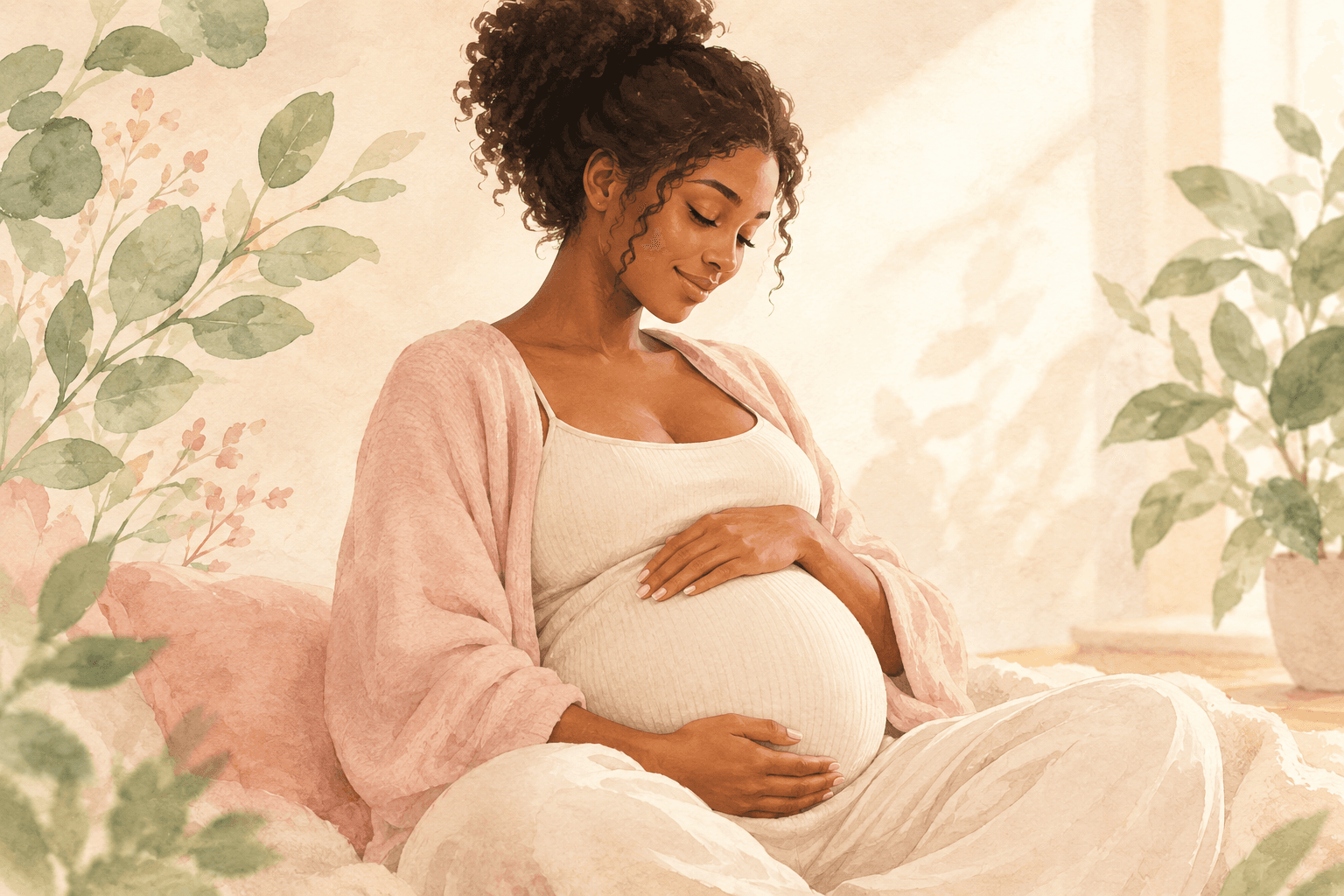 Femme enceinte sereine dans une ambiance douce et naturelle, illustration éditoriale sur l'homéopathie et le bien-être pendant la grossesse