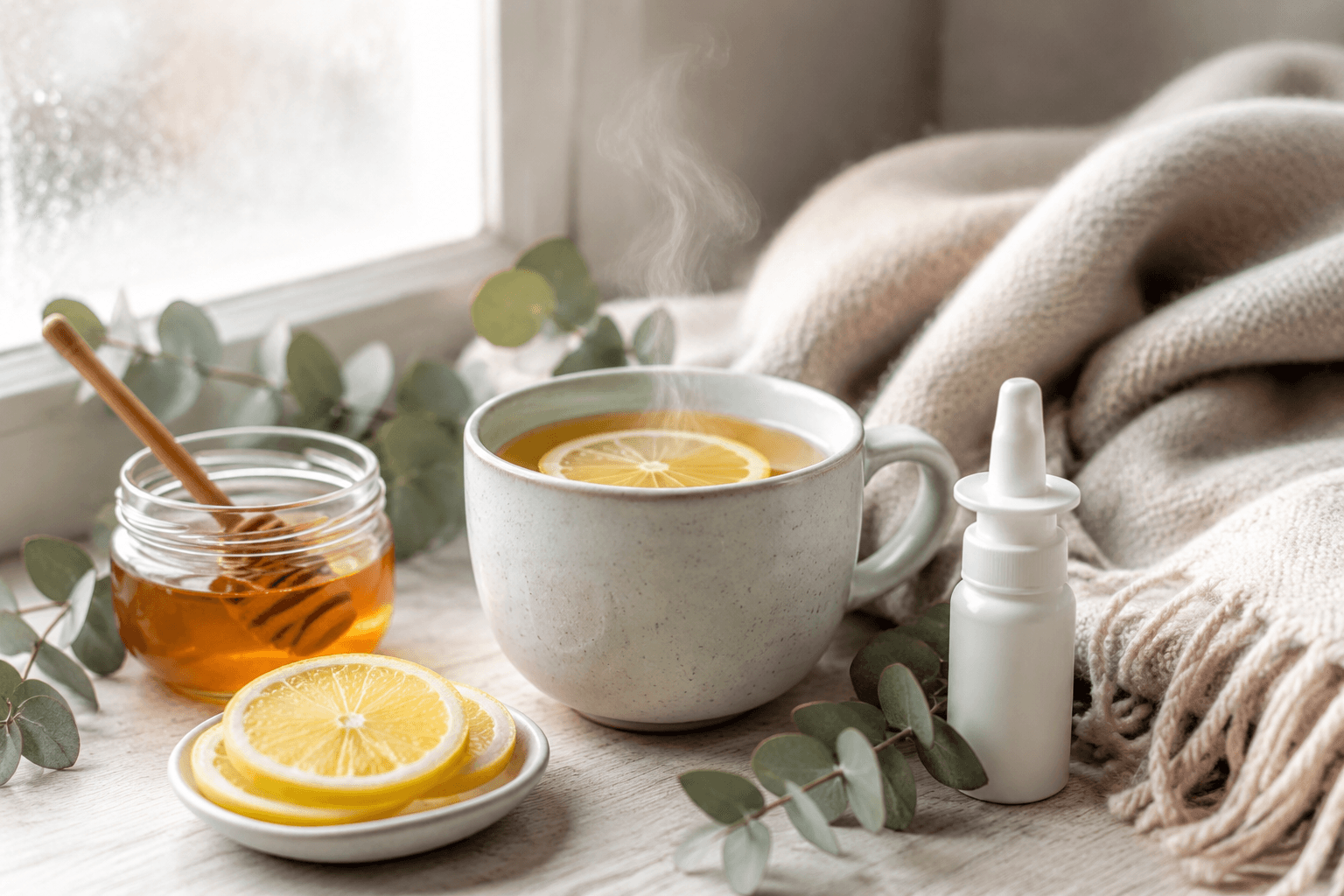 Tisane chaude, citron, miel et eucalyptus sur une table en bois près d'une fenêtre, ambiance douce de soin hivernal